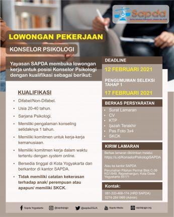 [LOWONGAN] SAPDA Membutuhkan Konselor Psikologi - SAPDA