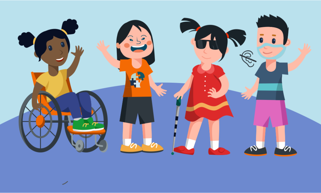 Ilustrasi anak dari 4 ragam disabilitas (fisik kursi roda, intelektual, netra dan Tuli)
