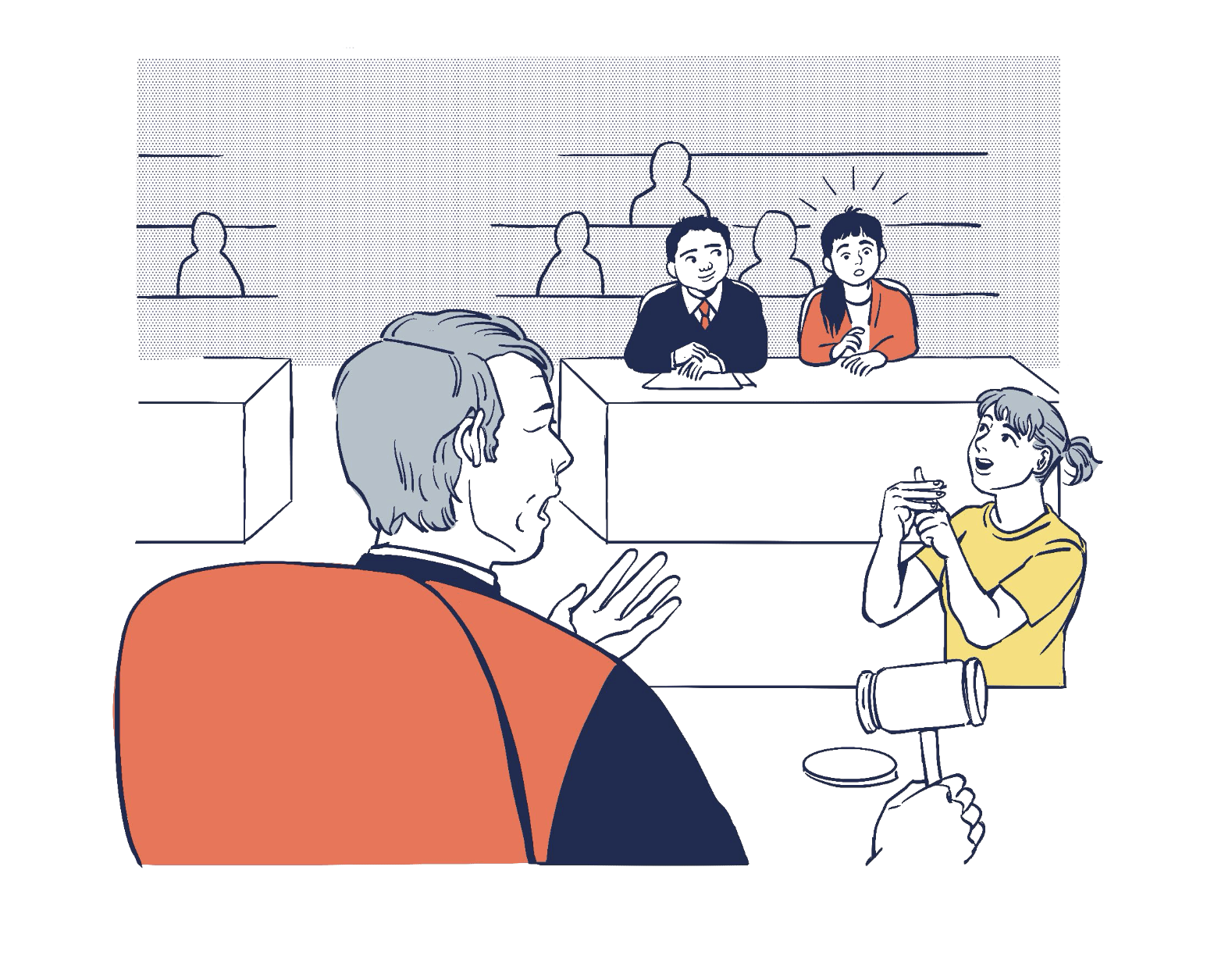 Gambar menunjukkan kondisi peradilan inklusif dimana hakim sedang mendengarkan Juru Bahasa Isyarat untuk penyandang disabilitas berhadapan dengan hukum yang ditemani oleh pengacara.